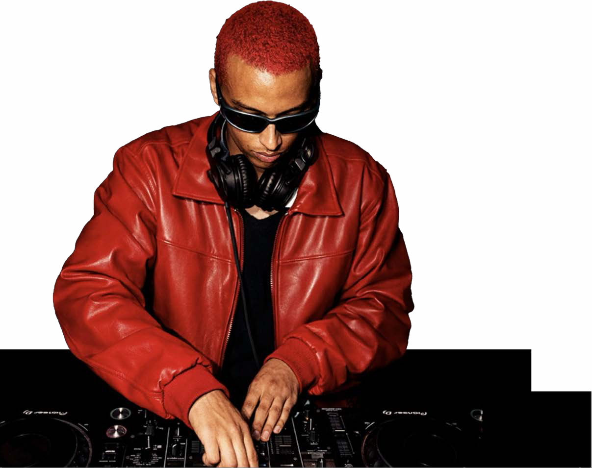 DJ in a red jacket at the decks.